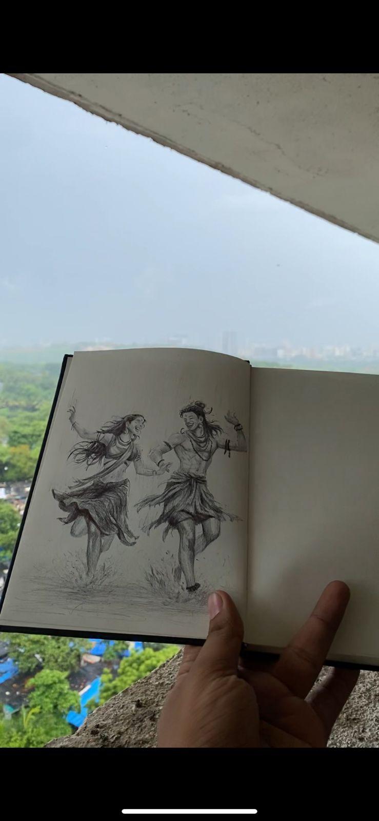Experience the Magic of Art with Parvesh's Shiv-Parvati Dancing in the Rain Pen Sketch